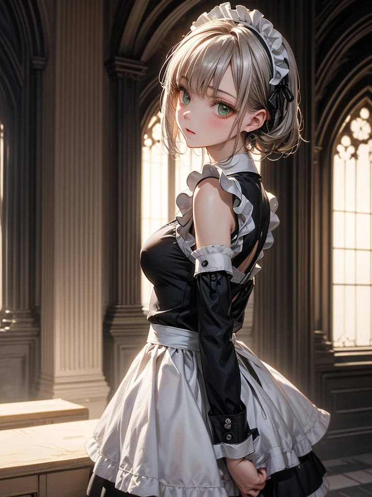 (masterpiece),(top-quality:1.2),((perfect anatomy)),((arms behind back)),(1 girl),4k anime,french maid costume,long maid clothes,silver hair,beautiful detailed green eyes,Girl in the form of a maid,Girl in Gothic architecture room, Girl in tights,Sweet girl, attractive anime girl, beautiful anime girl,(sideways glance),from side,pale skin,hyper realistic, Ultra Detailed,CG 4K,sharp-focus, the art of dramatic and photorealistic painting,film lighting,depth of written boundary,create an ethereal atmosphere like a dream