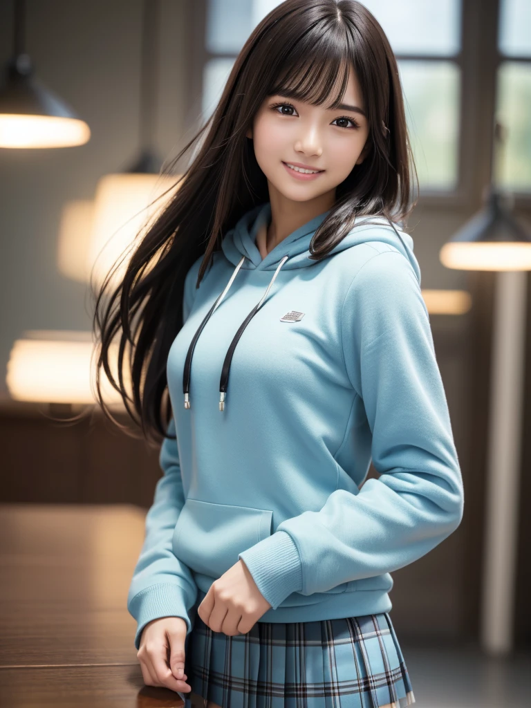 (8k, RAW Photos, highest quality, Tabletop:1.2), (Realistic, Photorealistic:1.4), (Highly detailed 8k wallpaper), Sharp focus, Depth of written boundary, Blur the background, Bokeh, Cinema Lighting, Soft Light, whole body, 1 girl,18 years old famous Japanese idol, Perfect female body, indoor, (Light blue hoodie and black micro mini pleated skirt : 1.3), (Long, slender legs), (smile), Glossy lips, Beautiful fine details,Natural Makeup, Shiny, smooth, light brown medium-long hair, Asymmetrical bangs, Shiny skin, Center image, High resolution, Attention to detail, Detailed hairstyle, Detailed face, 素晴らしいCinema Lighting, Octane Rendering, Vibrant, Ultra-realistic, Perfect limbs, Perfect Anatomy