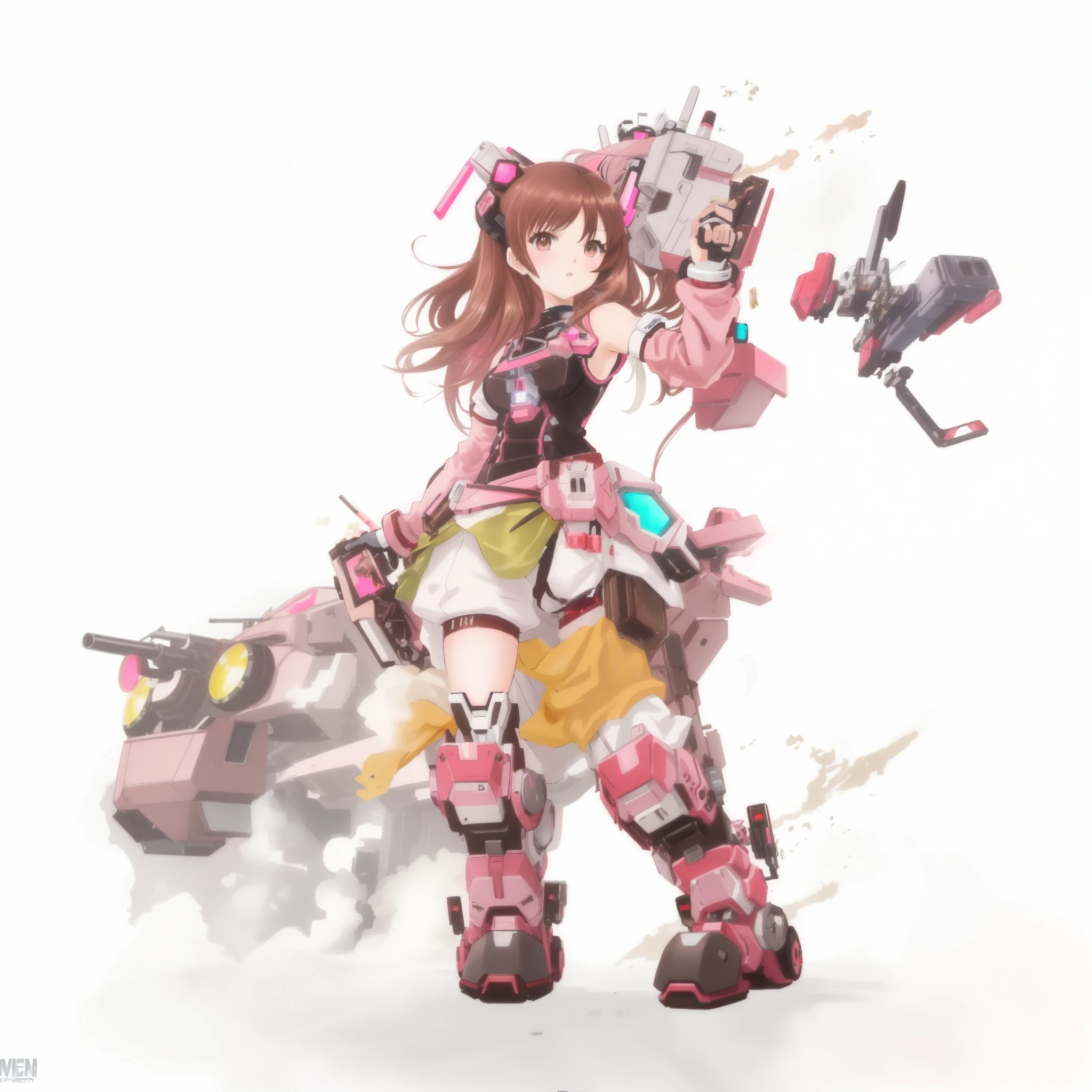 (brown hair swept bangs:1.3), anime girl with pink hair and pink hair holding a gun, female mecha, anime robotic mixed with organic, fully robotic!! girl, mechanized valkyrie girl, anime manga robot!! anime girl, mecha human, as an overwatch character, from overwatch, robot girl, cyberpunk anime girl mech, cushart krenz key art feminine, anime robots
