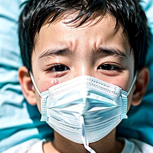 Handsome kindergarten boy with infectious disease、Appearance of suffering. He is wearing a white mask. He has a high fever. he is sleeping. He has a cough. He is exhausted. He is taking his temperature with a thermometer. He is dying. He is cooling his forehead with a cooling gel sheet..Are crying