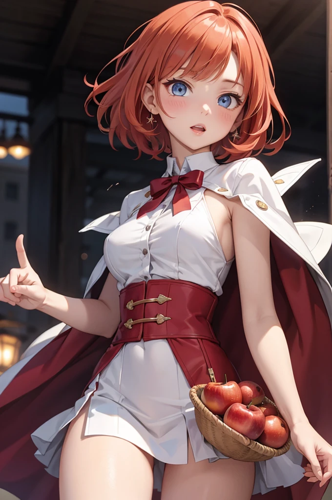 masterpiece、Soft Focus , Bright gradient watercolor、Tabletop, High resolution, 8k, Anime Women, Delicate and detailed writing 、Detailed digital illustration、high resolution, high quality、Detailed Background、Close-up photo、(((Two arms、Four fingers, One thumb)))、Detailed female face、(Accurate Fingerasterpiece:1.2)、highest quality、High resolution、unity 8k wallpaper、(figure:0.8)、Highly detailed face、Perfect lighting、Highly detailed CG、(Perfect hands、Perfect Anatomy)、
(Cowboy Shot:1.1)、One girl、stand、basket、knife、Red apples、Red dress、red hair ribbon、Red Cape、Red Shoes、Red Hair、very short hair、red eyes、Big round eyes、Open your mouth、