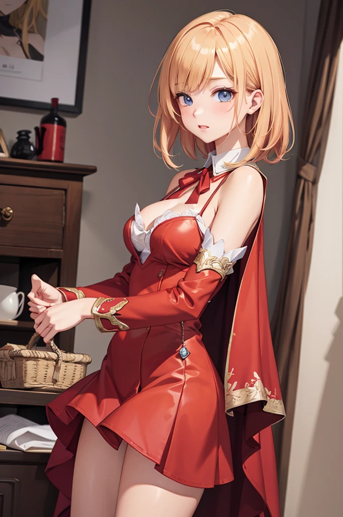 masterpiece、Soft Focus , Bright gradient watercolor、Tabletop, High resolution, 8k, Anime Women, Delicate and detailed writing 、Detailed digital illustration、high resolution, high quality、Detailed Background、Close-up photo、(((Two arms、Four fingers, One thumb)))、Detailed female face、Accurate Fingerasterpiece:1.2)、highest quality、High resolution、unity 8k wallpaper、(figure:0.8)、Highly detailed face、Perfect lighting、Highly detailed CG、(Perfect hands、Perfect Anatomy)、
(Cowboy Shot:1.1)、One girl、stand、basket、knife、Red apples、Red dress、red hair ribbon、Red Cape、Red Shoes、Blonde、very short hair、blue eyes、Big round eyes、Open your mouth、