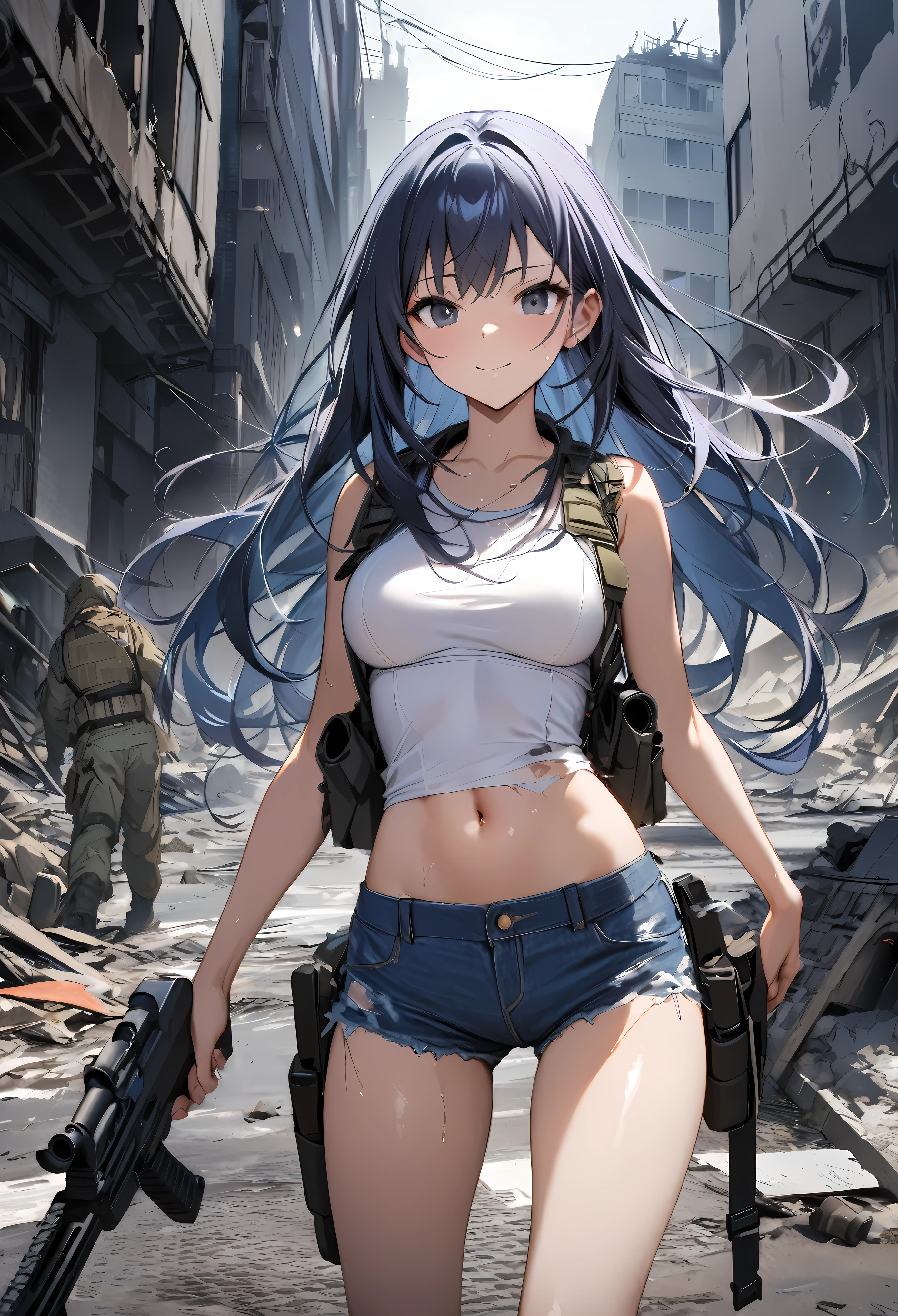 Action Scenes、Urban Warfare、Gunfire Battle、((masterpiece, highest quality:1.3)),cowboy shot,20 year old beauty,solo,((very small head)),long body,dark blue hair,long hair,black eyes,bangs,medium breasts,,slender body,skinny,shiny skin,oily skin,smile,White tight tank top、Crop length、navel、Denim micro mini shorts、GUNBELT,military vest,equipped with automatic rifle、Gunfire Posture、Gunfire、on street、Ruined Tokyo、Collapsed building、End of the World、War between aliens and humans、