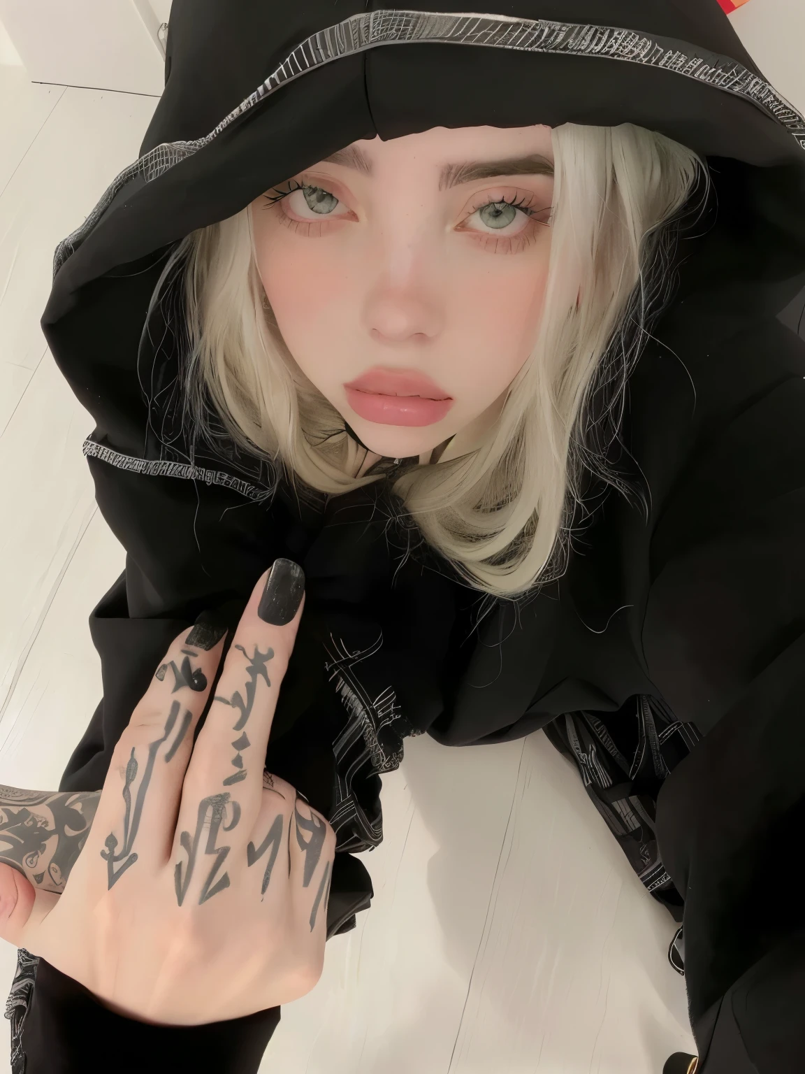 Mujer arafed con un tatuaje en la mano y una sudadera con capucha., retrato de kim petras, billie eilish como monja, billie eilish como una monja triste, billie eilish, Señor Supremo Billie Eilish, ava max, con tatuajes, parece una mezcla de mugre, entintado, she parece una mezcla de mugre, dedo medio, little peep