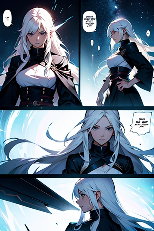 Girl with long white hair using blade magic, manga page with panels and dialogue