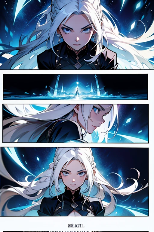 Girl with long white hair using blade magic, manga page with panels and dialogue