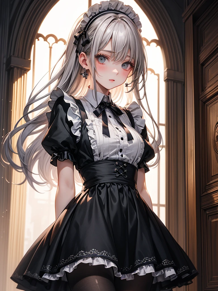 (​masterpiece),(top-quality:1.2),((perfect anatomy)),((arms behind back)),(1 girl),4k anime,french maid costume,long maid clothes,silver hair,beautiful detailed green eyes,Girl in the form of a maid,Girl in Gothic architecture room, Girl in tights,Sweet girl, attractive anime girl, beautiful anime girl,(sideways glance),pale skin,hyper realistic, Ultra Detailed,CG 4K,sharp-focus, the art of dramatic and photorealistic painting,film lighting,depth of written boundary,create an ethereal atmosphere like a dream