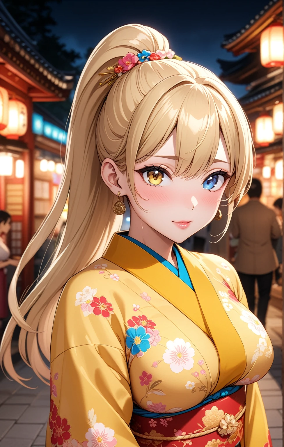 ((One woman)), Beautiful Face,Embarrassed,(Touching ears with fingers),真っ赤にEmbarrassed,Sweat on the face,Glossy pink lips,night,Shrine festival stalls, ((Anime style background)),masterpiece, highest quality, so beautiful, up to date, Complex details, (Pink long nails),AI-generated, Complex,High resolution, highest quality, super high quality,3D Images、View the viewers、3D Images,one person,Long Blonde Hair,High Ponytail,blue eyes,Anime woman posing for a photo, [[Fine grain、Colorful eyes、Shining Eyes:1.15]],(Squint your eyes:1.1),a hyperRealistic , hyperRealistic , Realistic,Blonde anime woman with long hair, Smooth anime CG art, A woman in a colorful kimono with gold embroidery, (Yellow kimono),Pink floral pattern,Long flower hair ornament,Big earrings,(Large Breasts:1.2),Mature Body,tall,Big Ass,Fine details,Narrow waist,Six-pack,Photographed from diagonally above,looking at the camera