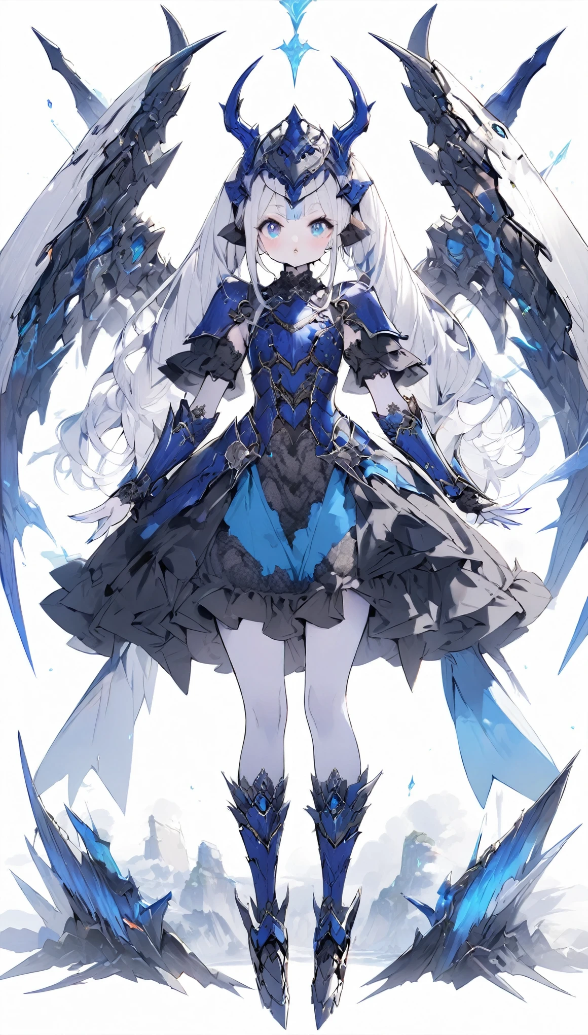 score_9, score_8_up, score_7_up, best quality ,masterpiece, 4k, Japanese anime, 1girl, (white skin:1.2), navy blue hair, twin tails, blue ribbon, (mechanical dragonhorn:1.5), (mechanical wing:1.2), (eye lashes:1.3), (eye shadow:1.3), blue eyes, (beautiful detailed eyes:1.4), (pouty lips:1.2), 130cm tall, original character, fantasy, (white background:1.2), (full body:1.8), beautiful fingers, standing, (blue black lace frill armor dress:1.5), (mechanical headdress:1.5) , shoot from front, looking at viewer  , 