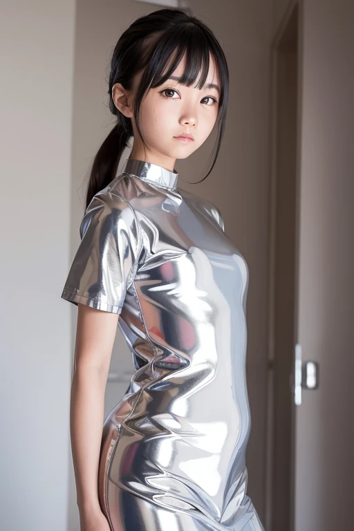 8k, High resolution, Very detailed, masterpiece, highest quality,（14歳のIdol：1.5）、Facial expressions like in the photo、日本people々々々の女の子1people々々々、 (Ultra shiny metallic silver latex nurse uniform:1.3), 、The arms are bare skin、Accurate finger painting、Ultra tight sheer metallic silver latex nurse uniform、A normal 14-year-old girl、(Photographed in the operating room：1.4)、Perfectly bright lighting、Super tight metallic silver nurse uniform、Short ponytail hairstyle、Hair color is black、Beautiful black hair、14-year-old girl、Full Body Shot、rounded jaw contour,,,,,,、(Cute face without makeup：1.3)、people々々々々Make you smile、（Very short skirt：1.3)、Super tight silhouette、Idol、Nurse uniforms are monochromatic。、Small breasts、Small Bust,Full body photo shiny metal, Silver, Chrome&#39;s Outfit, 洗練されたグラビアIdol, Flashy silver nurse uniform, Shiny metallic, Glossy silver, Glowing White Skin, Shiny glossy reflection, Sexy Dress, 若手グラビアIdol, 若くて痩せたグラビアIdol, Tight nurse uniform