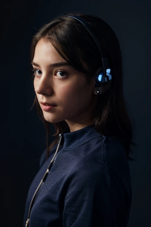 A girl with earphones and midnight blue background