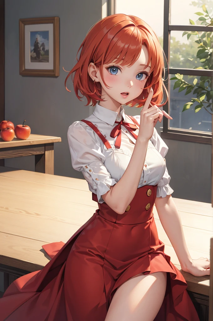 masterpiece、Soft Focus , Bright gradient watercolor、Tabletop, High resolution, 8k, Anime Women, Delicate and detailed writing 、Detailed digital illustration、high resolution, high quality、Detailed Background、Close-up photo、(((Two arms、Four fingers, One thumb)))、Detailed female face、Accurate Fingerasterpiece:1.2)、highest quality、High resolution、unity 8k wallpaper、(figure:0.8)、Highly detailed face、Perfect lighting、Highly detailed CG、(Perfect hands、Perfect Anatomy)、
(Cowboy Shot:1.1)、One girl、stand、basket、knife、Red apples、Red dress、red hair ribbon、Red Cape、Red Shoes、Blonde、very short hair、blue eyes、Big round eyes、Open your mouth、