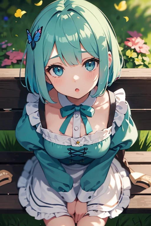 ((solo:1.2)),cute girl sitting on bench in garden,frilled dirndl,from above,looking up,cobblestone pavement,aqua hair,fine bob cut,(hair over one eye),(dappled sunlight:1.2),blurry,(depth of field:1.1),head tilt,:o,(petals),tree,butterfly, naked without clothes Show details of the body