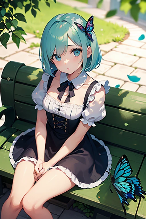 ((solo:1.2)),cute girl sitting on bench in garden,frilled dirndl,from above,looking up,cobblestone pavement,aqua hair,fine bob cut,(hair over one eye),(dappled sunlight:1.2),blurry,(depth of field:1.1),head tilt,:o,(petals),tree,butterfly, naked without clothes Show details of the body
