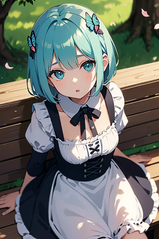 ((solo:1.2)),cute girl sitting on bench in garden,frilled dirndl,from above,looking up,cobblestone pavement,aqua hair,fine bob cut,(hair over one eye),(dappled sunlight:1.2),blurry,(depth of field:1.1),head tilt,:o,(petals),tree,butterfly, naked without clothes Show details of the body