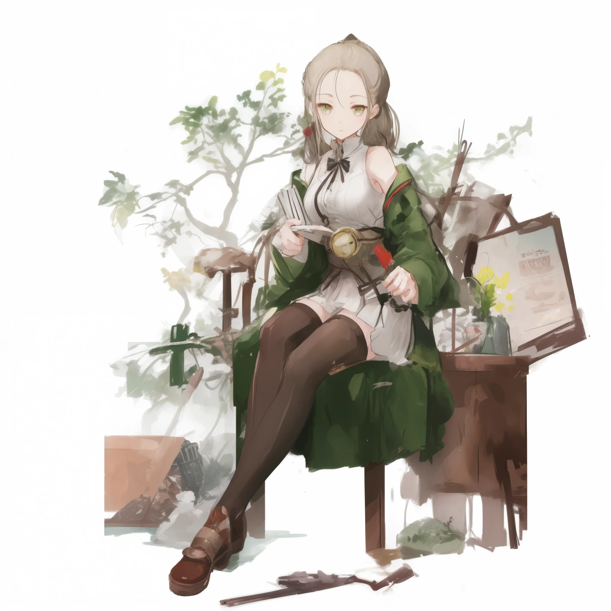 (ponytail forehead hair pulled back:1.3), anime girl sitting on a chair with a book and a plant, alchemist girl, official character art, female anime character, anime visual of a cute girl, anime character, from girls frontline, female protagonist 👀 :8, girls frontline style, marin kitagawa fanart, as an anime character, ( ( character concept art ) ), official art, anime full body illustration