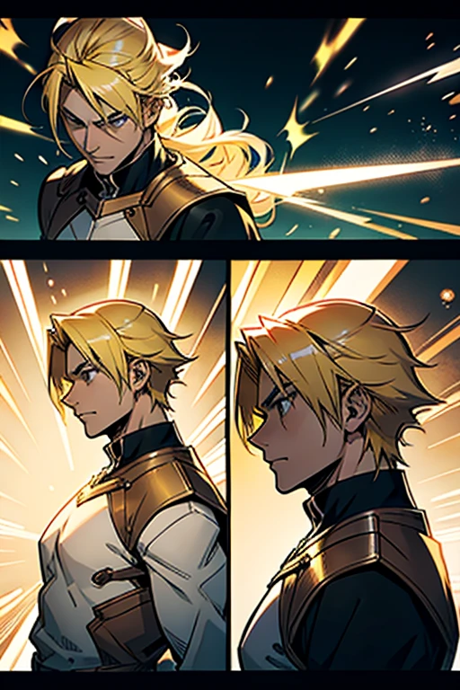 Guy with blonde hair using light magic, manga page with panels and dialogue