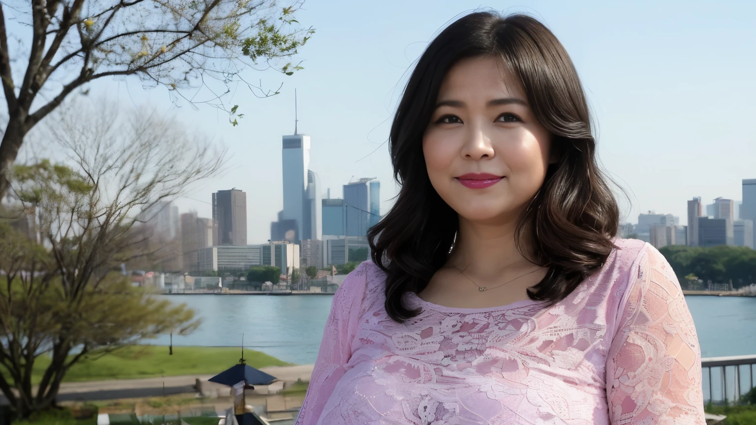 ((highest quality, 8k, masterpiece, Portraiture: 1.3)), (View Audience), Photorealism, Sharp focus, alone, Japanese, Voluptuous, Chubby, , , , , beauty,Wavy Hair, Wrinkles around the eyes, For emphasis, ((Big Breasts:1.3))),，50 years old, Carly, （(Pencil Skirt:1.0), (manhattan lace blouse:1.0)，Stand on your own two feet：1.3）