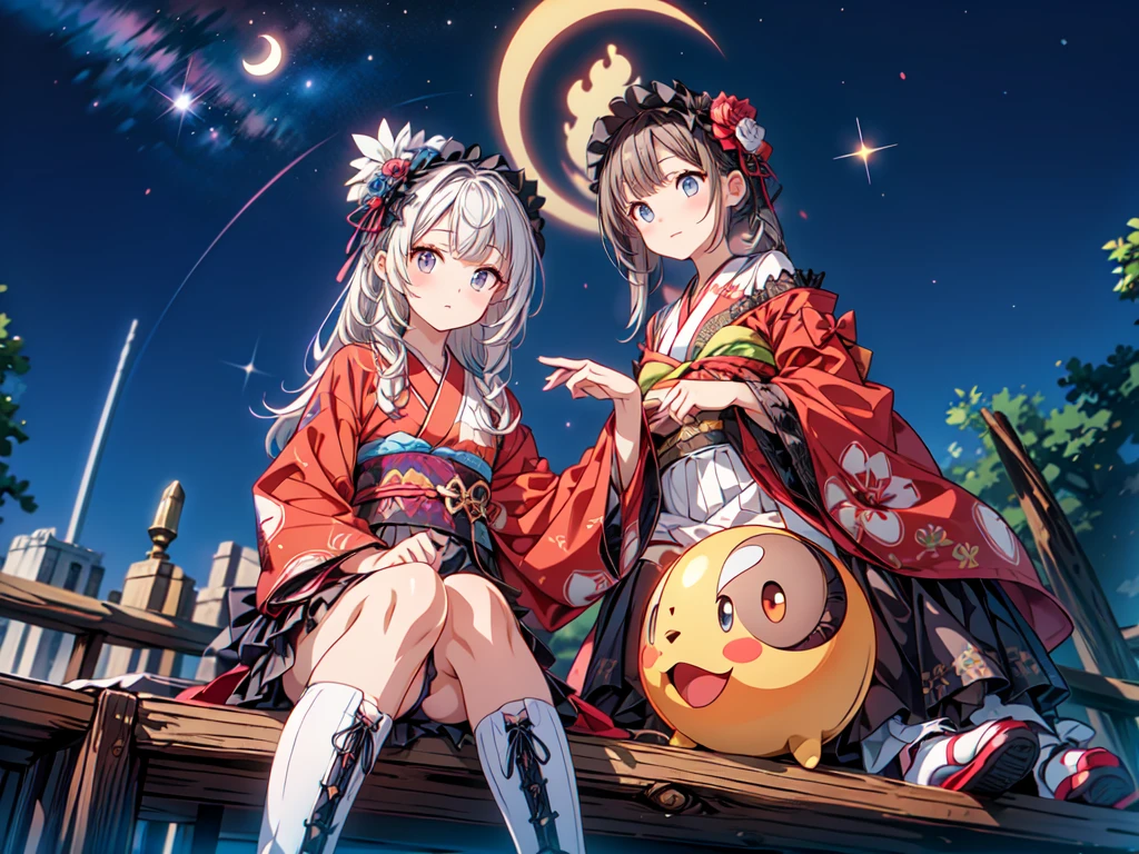 Star Fairy、(masterpiece, highest quality), One Girl, Sitting on the crescent moon、「Beautifully printed galaxy patterned kimono and gothic lolita outfits.、Space Pattern Ruffle Box Pleated Mini Skirt、Frontal portrait、Knee-high boots、Captivating eyes、Perfect and amazing face、Exquisite detail、Clear images、highest quality。」Milky white and light blue gradient long straight hair、