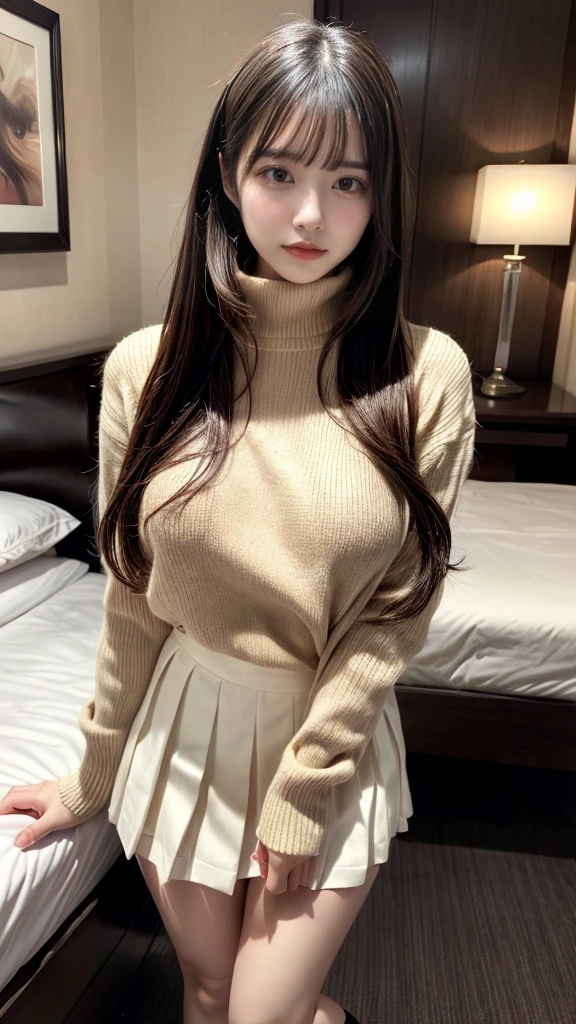 masterpiece, best quality, illustration, Super detailed, fine details, High resolution, 8K,wall paper, perfect dynamic composition,(Details High quality, realistic depiction of eyes:1.3), Oversized turtleneck light beige sweater, pleated skirt, straight hair, large breasts, black hair color, Big Natural Color Lip, (perfect body shape), crying a little、cold gaze, Harajuku style、20 year old girl、cute type、lolita、beautiful legs, hotel room, Gravure Idol, Voluptuous thighs, to stand