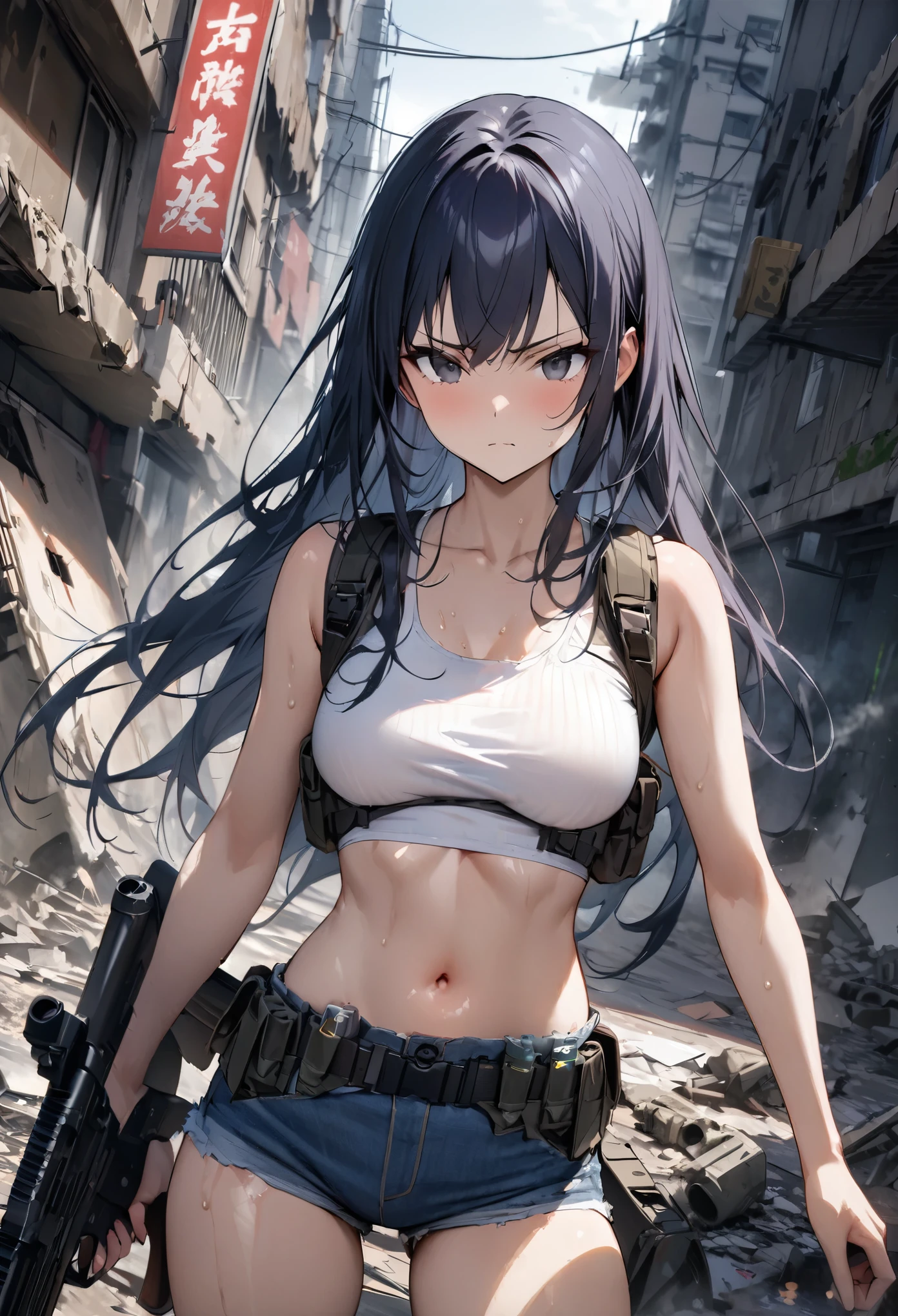 Gun action scene、Urban Warfare、Gunfire戦、((masterpiece, highest quality:1.3)),cowboy shot,20 year old beauty,solo,((very small head)),long body,dark blue hair,long hair,black eyes,bangs,medium breasts,,slender body,skinny,shiny skin,oily skin,Serious expression,White tight tank top、Crop length、navel、Denim micro mini shorts、GUNBELT,military vest,equipped with automatic rifle、Gunfire姿勢、(((Gunfire)))、on street、Ruined Tokyo、Collapsed building、End of the World、War between aliens and humans、