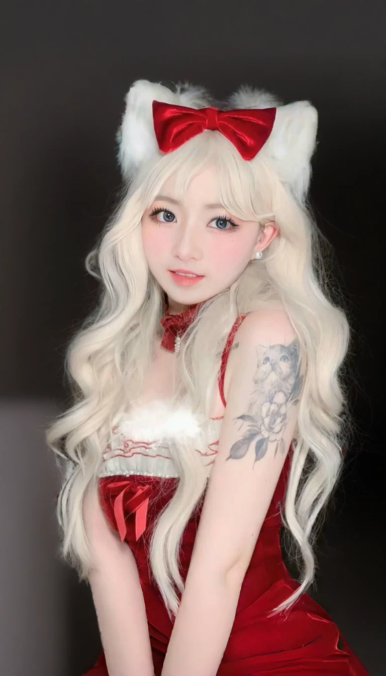 a close up of a woman avec de longs cheveux blancs wearing a red dress, aux cheveux longs blancs, avec de longs cheveux blancs, très belle catgirl mignonne, fille aux cheveux blancs parfaite, anime fille cosplay, fille animée dans la vraie vie, Fille Chat Blanc, longs cheveux blancs et frange, coiffure coupe hime blanche, renard aux cheveux blancs, Oreilles de renard blanc, belle delphine