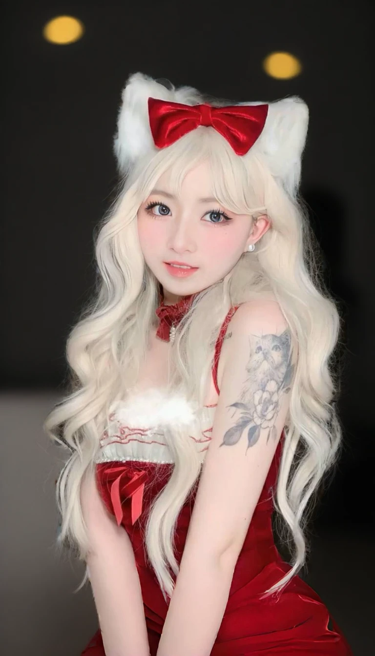 a close up of a woman avec de longs cheveux blancs wearing a red dress, aux cheveux longs blancs, avec de longs cheveux blancs, très belle catgirl mignonne, fille aux cheveux blancs parfaite, anime fille cosplay, fille animée dans la vraie vie, Fille Chat Blanc, longs cheveux blancs et frange, coiffure coupe hime blanche, renard aux cheveux blancs, Oreilles de renard blanc, belle delphine
