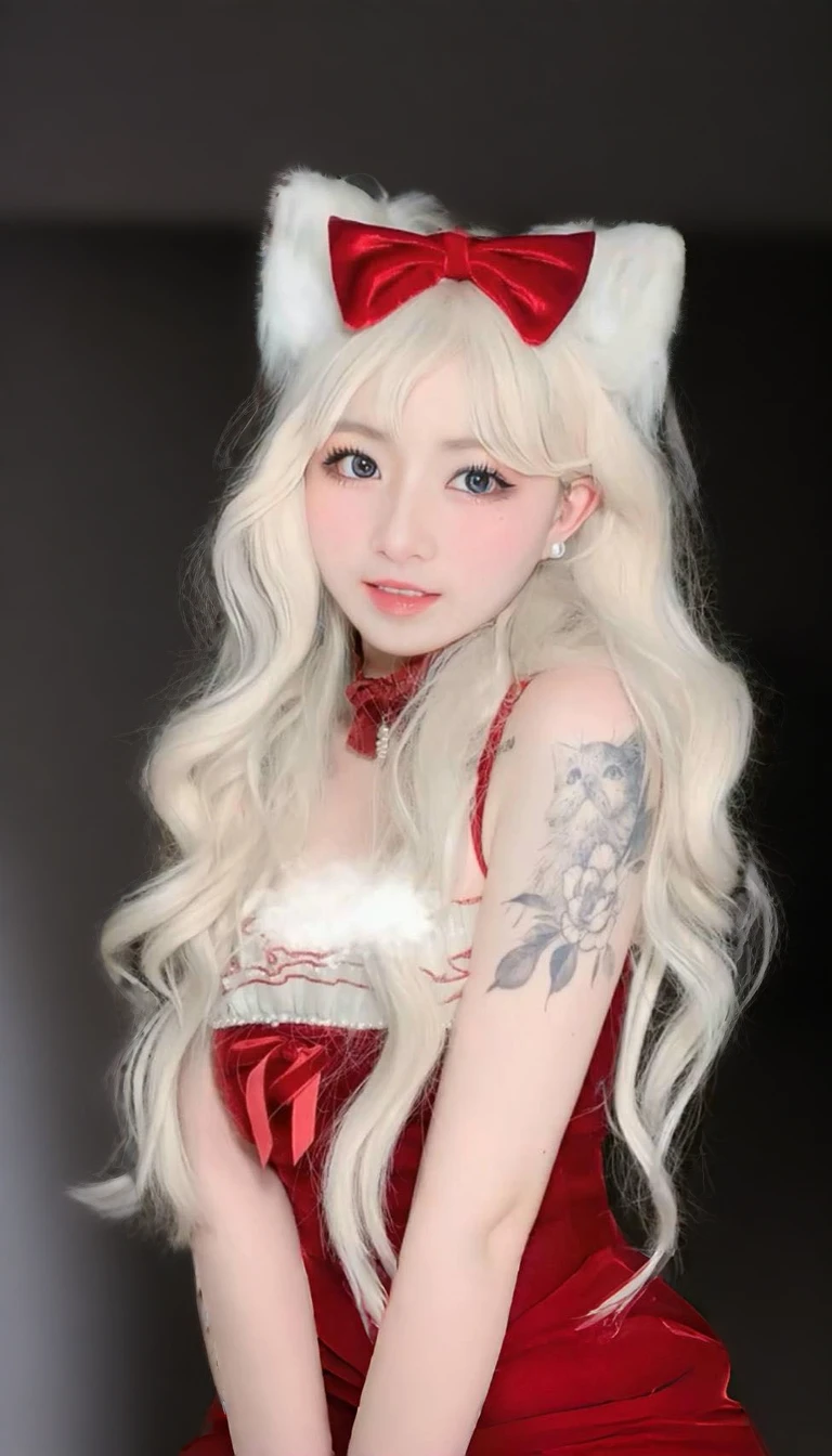 a close up of a woman avec de longs cheveux blancs wearing a red dress, aux cheveux longs blancs, avec de longs cheveux blancs, très belle catgirl mignonne, fille aux cheveux blancs parfaite, anime fille cosplay, fille animée dans la vraie vie, Fille Chat Blanc, longs cheveux blancs et frange, coiffure coupe hime blanche, renard aux cheveux blancs, Oreilles de renard blanc, belle delphine