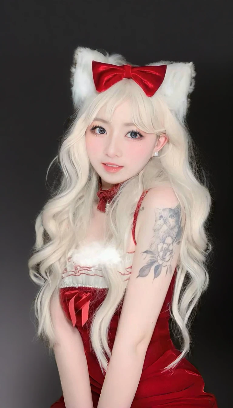 a close up of a woman avec de longs cheveux blancs wearing a red dress, aux cheveux longs blancs, avec de longs cheveux blancs, très belle catgirl mignonne, fille aux cheveux blancs parfaite, anime fille cosplay, fille animée dans la vraie vie, Fille Chat Blanc, longs cheveux blancs et frange, coiffure coupe hime blanche, renard aux cheveux blancs, Oreilles de renard blanc, belle delphine