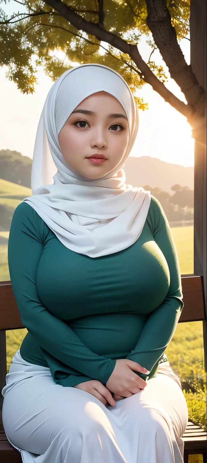 ( Close Up),RAW, Best quality, high resolution, works: 1.3), Beautiful Malay woman in hijab, Masterpiece, fit body, big breasts, beautiful big eyes, Soft smile, beautiful face, woman sitting at a table in a green meadow, traditional beauty, moment sunset, in the field, in the countryside, beautiful woman, with the sunset, wearing a soft long dress, muslim,, hijab, beautiful woman, with a beautiful appearance, a very beautiful masterpiece, a masterpiece of art, good lighting, Bright colors, Clean lines, chubby body, wide chubby hips, chubby arm, chubby massive thighs , massive cleavage , massive armpits , white armpits , armpit hair , extra cleavage, full body , milky white skin