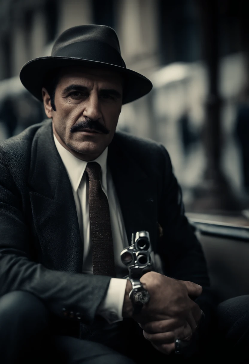 Create the image of an Italian mobster from the 70s 70s with an Italian submachine gun in his hands