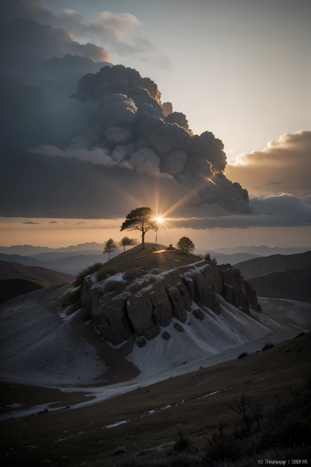 Create a highly realistic album cover for an EP titled "Emerging Light". The image should feature a dramatic sunrise breaking through dense, dark clouds over a rugged mountain range. The light should illuminate the peaks, casting long shadows and highlighting the contrast between darkness and light. In the foreground, include a solitary tree starting to bloom, symbolizing hope and renewal. The overall color palette should transition from dark, stormy hues to warm, golden tones as the light breaks through. The title "Emerging Light" should be subtly integrated into the scene, perhaps with the rays of the sun forming the letters.