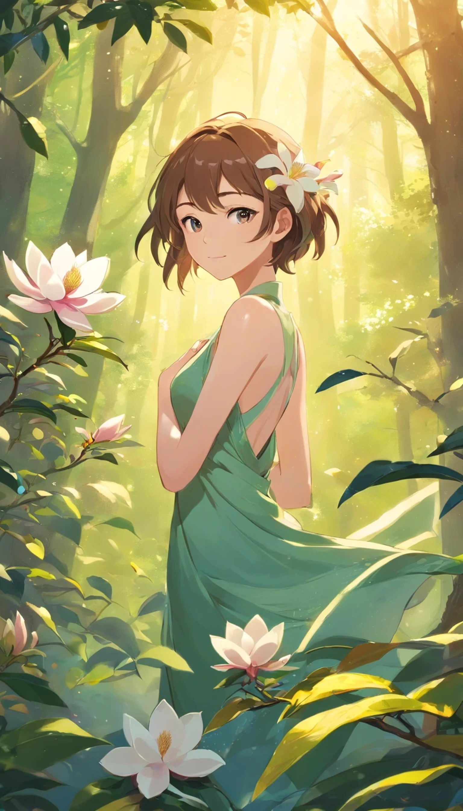 A woman in a green dress standing in a forest with flowers - SeaArt AI