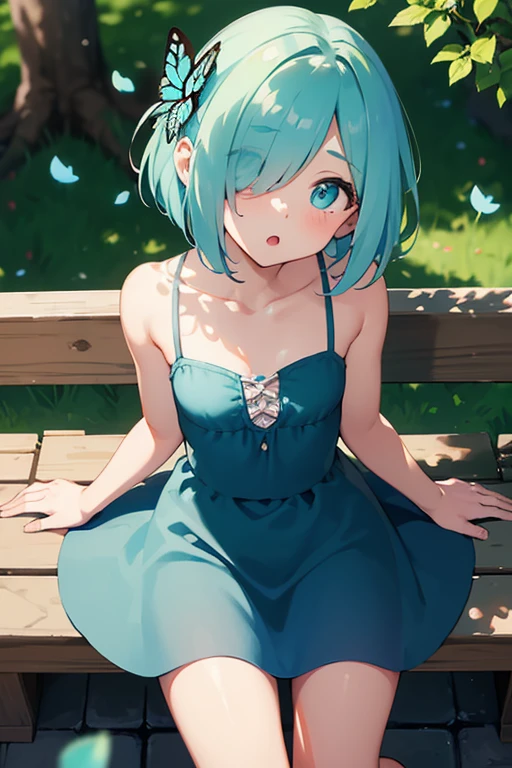((solo:1.2)),cute girl sitting on bench in garden,from above,looking up,cobblestone pavement,aqua hair,fine bob cut,(hair over one eye),(dappled sunlight:1.2),blurry,(depth of field:1.1),head tilt,:o,(petals),tree,butterfly, naked without clothes Show details of the body. 
