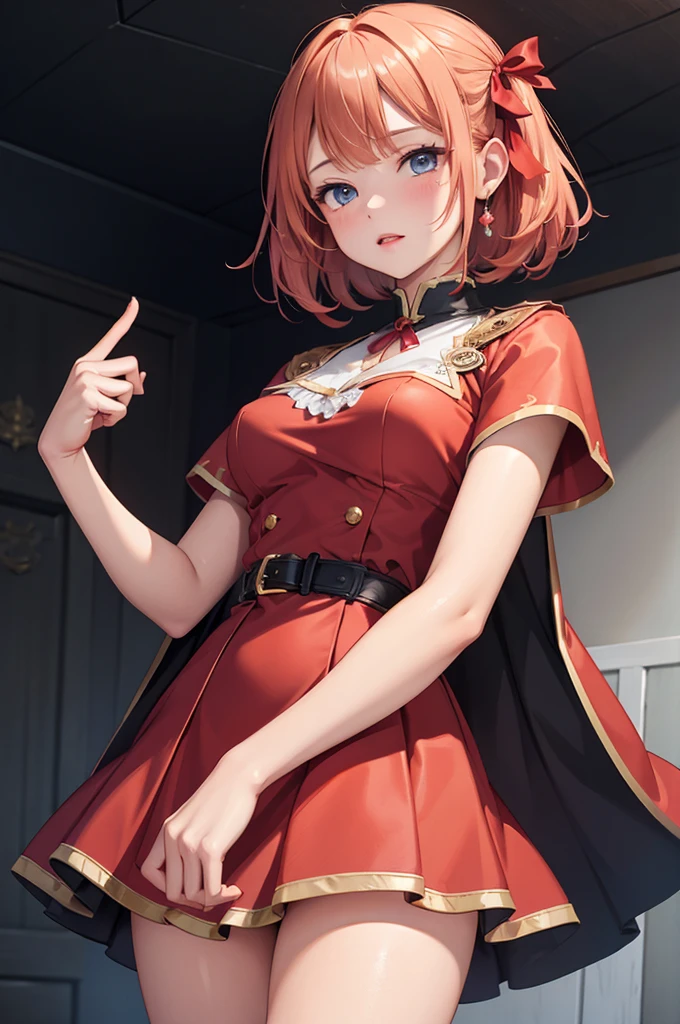 masterpiece、Soft Focus , Bright gradient watercolor、Tabletop, High resolution, 8k, Anime Women, Delicate and detailed writing 、Detailed digital illustration、high resolution, high quality、Detailed Background、Close-up photo、(((Two arms、Four fingers, One thumb)))、Detailed female face、Accurate Fingerasterpiece:1.2)、highest quality、High resolution、unity 8k wallpaper、(figure:0.8)、Highly detailed face、Perfect lighting、Highly detailed CG、(Perfect hands、Perfect Anatomy)、
(Cowboy Shot:1.1)、One girl、stand、basket、knife、Red apples、Red dress、red hair ribbon、Red Cape、Red Shoes、Blonde、very short hair、blue eyes、Big round eyes、Open your mouth、