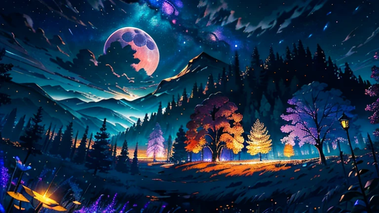 Expansive landscape photograph, (view from below with a view of the sky and the wilderness below), standing in a flower field looking up, (full moon: 1.2), (shooting star: 0.9), (nebula: 1.3), distant mountain, tree break production art, (warm light source: 1.2), (firefly: 1.2), lamp, purple and orange, intricate detail, volume lighting BREAK (masterpiece: 1.2), (highest quality ), 4k, ultra-detailed, (dynamic configuration: 1.4), highly detailed and colorful details (iridescent: 1.2), (sparkling lighting, atmospheric lighting), dreamy, magical, (solo: 1.2)