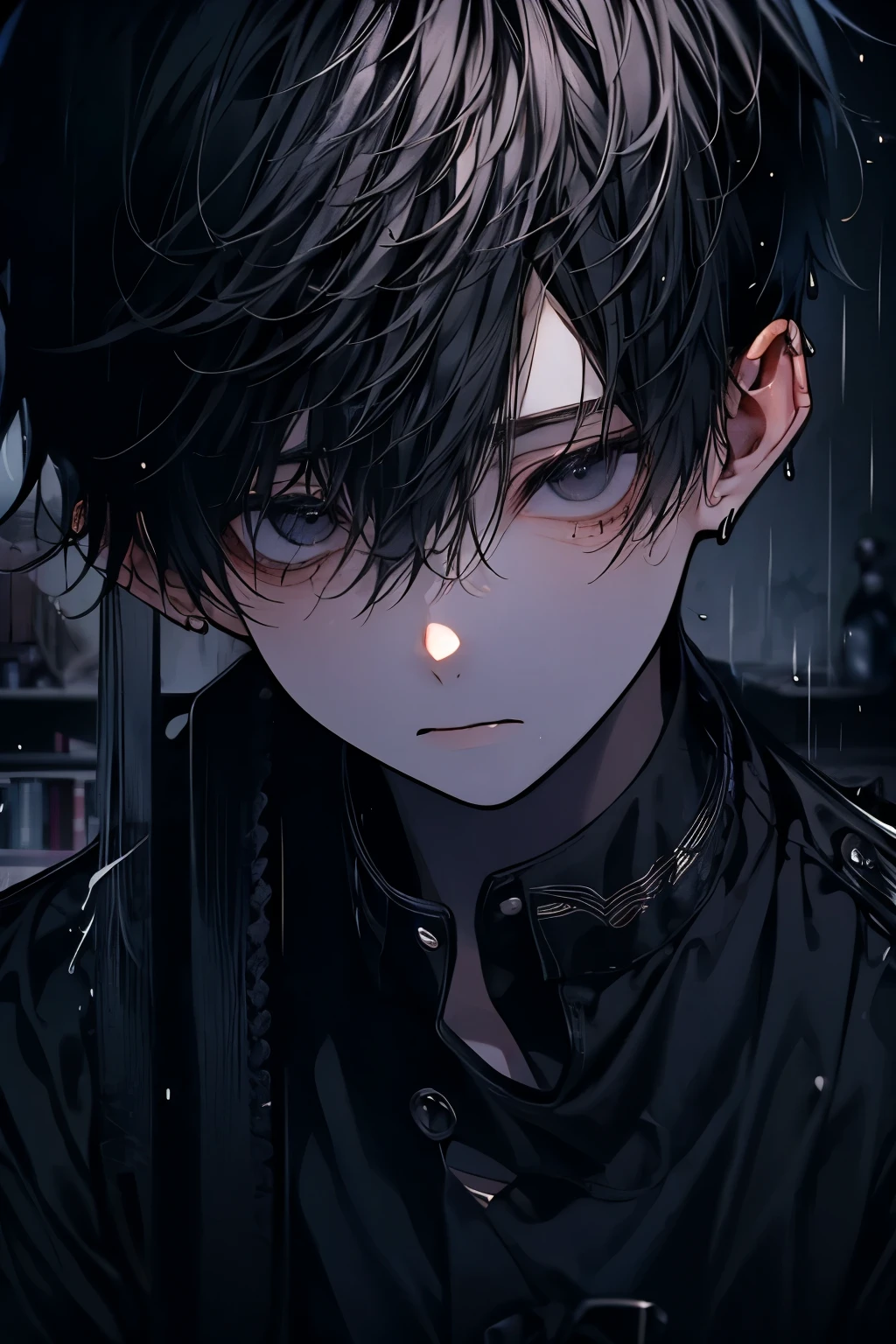 1boy, bench, black eyes, black hair, blurry, blurry background, bookshelf, collared shirt, depth of field, open mouth, rain, shirt, solo, sweat, upper body, wet, wet hair, rating:safe