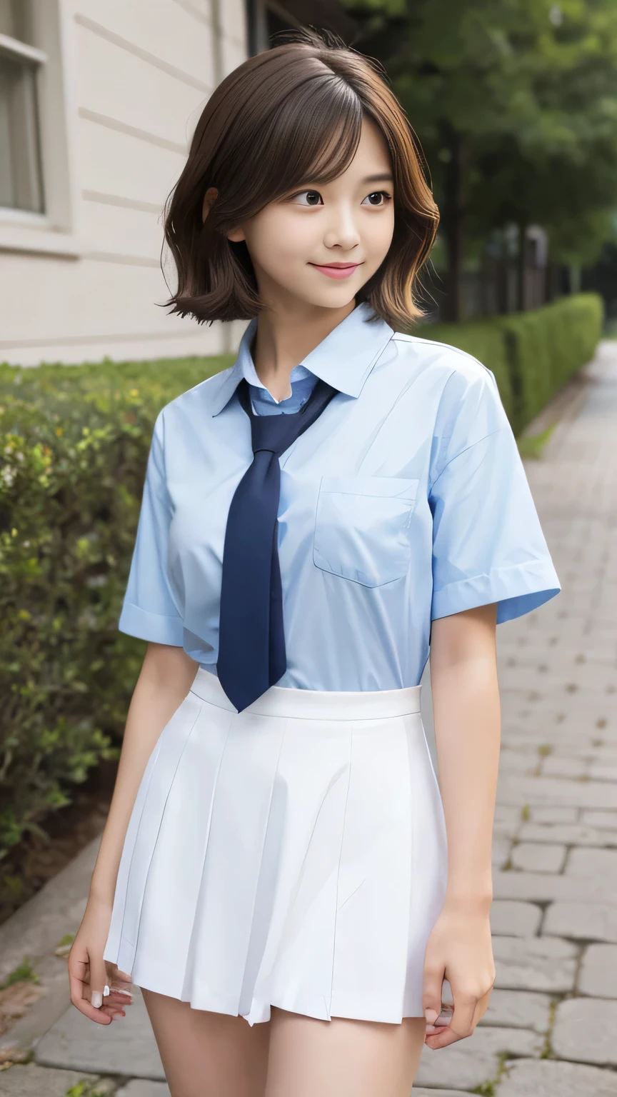 highest quality 、masterpiece、 Very delicate and beautiful、 Very detailed 、CG 、(RAW Photos:1.2)、((Realistic:1.4))、Japanese Girls、14 years old、、Young face、Small Face、smile、Brown Hair、 Short Hair、Height: 150cm、Small breasts、Standing facing this way、whole body、whole bodyショット、Full Body、(School Uniform) 、Outdoor、Put your arms behind your back、