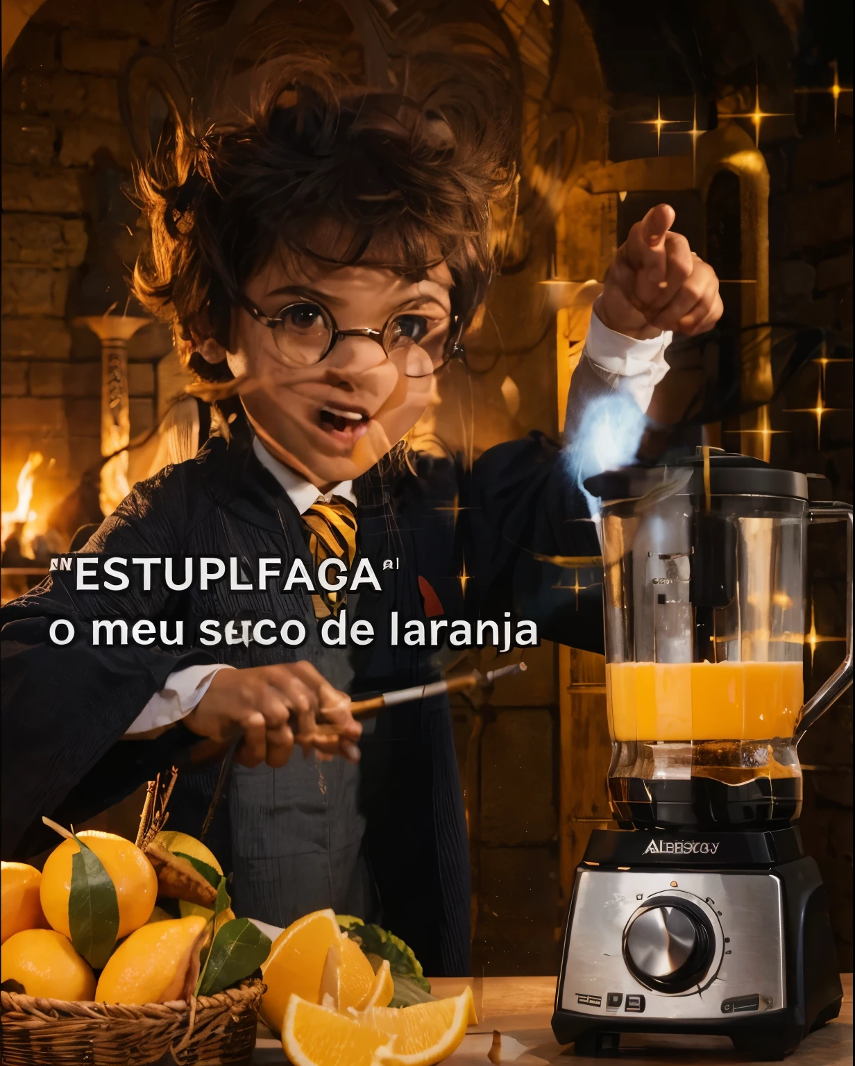there is a poster of a boy making juice, powder Nándor Katona, edu souza, Harry Potter, lalafell, liquidificador npr, by Almeida Júnior, por Luis Miranda, magic scene, ad image, Hogwarts 2 0 7 7, exploitable image, nicholas, McDonald, maxwell boas, Howard
