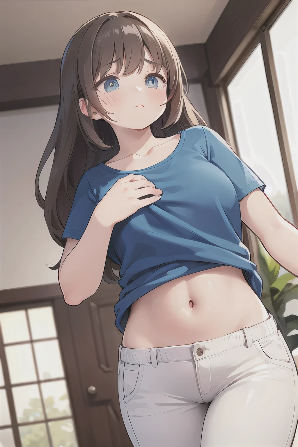 super fine illustration, vibrant colors, masterpiece, sharp focus, best quality, depth of field, cinematic lighting, ultra detailed, short sleeves, blue t-shirt, collarbone, white pants, belly button, midriff, hips, 1 woman, solo, home, solo, milf, very messy hair, brown long hair, slender, blush, annoyed, room, indoors, mature woman, tall woman, looking down, v-shaped eyebrows, b-cup,
