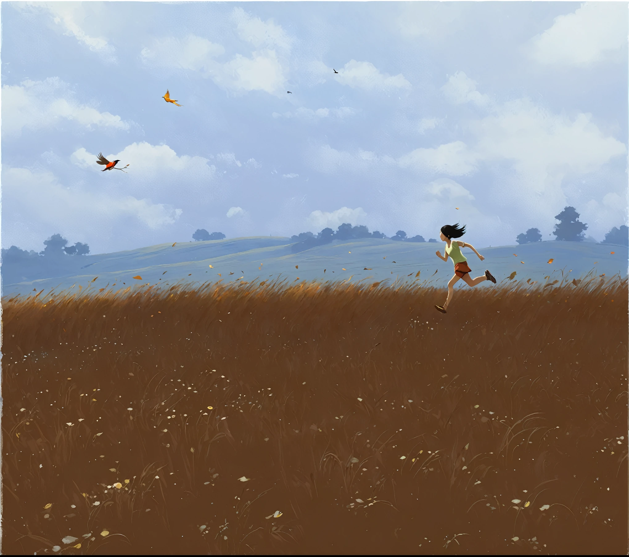 painting of a person running In the fields with a bird flying in the sky, Spiritual inspiration comes from Goro Fujita, desolate. Digital Illustration, In the fields, run, Inspired by Jakub Skaneder, in an empty field, Autumn wilderness, one example, Girl is running, 在热带草原run, 女孩run, Random background scenes