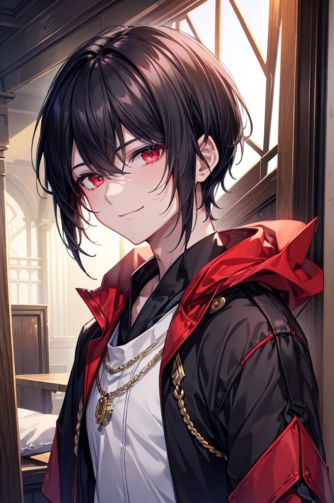 (​masterpiece),(top-quality),(ultra-detailliert),hight resolution,in 8K animation,1boy,black hair,(very short hair),red eyes,handsome,evil smile,(beautifull detailed face),(beatiful detailed eyes),18 years old