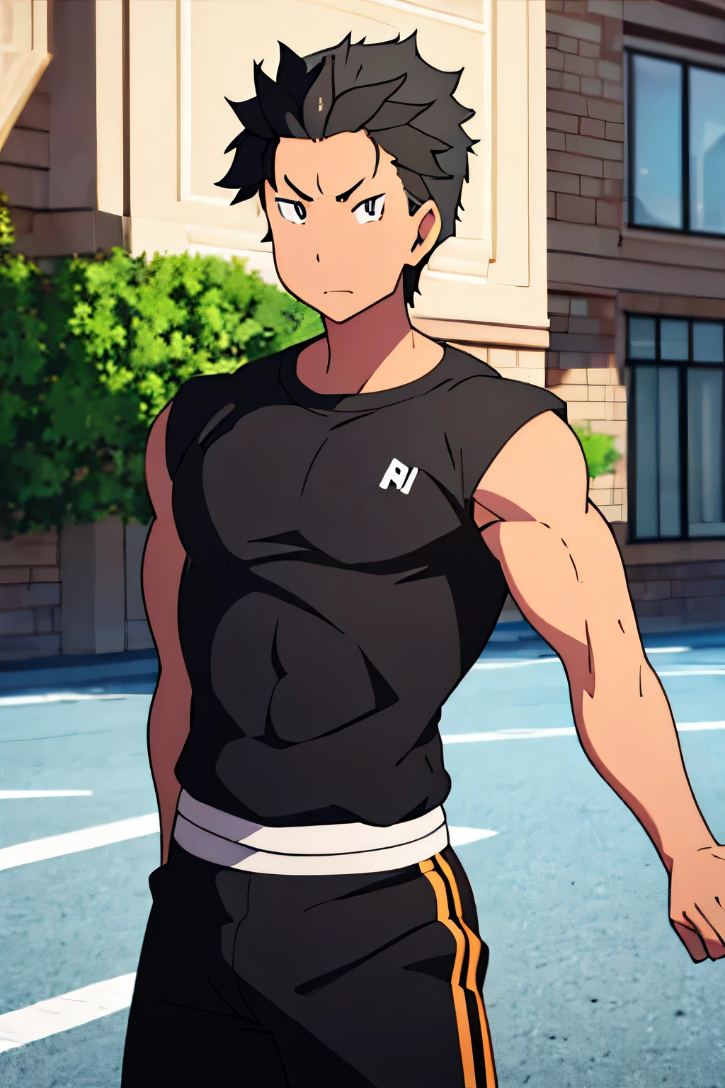 Subaru is flexing his biceps. He wears black shorts. You can see his thighs. He looks stoic and serious. He has bulging veins on his arms. He wears a black tshirt with short sleeves. His sleeve is completely rolled up so you can see his entire arm and shoulder. He is showing his abs too.