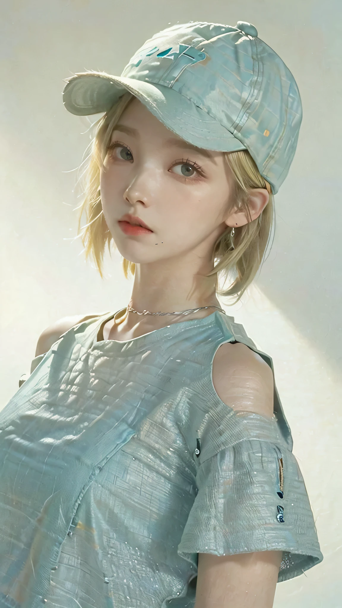 nomura tetsuya, masterpiece, best quality, 1girl, aqua eyes, baseball cap, blonde hair, closed mouth, earrings, green background, hat, hoop earrings, jewelry, looking at viewer, shirt, short hair, simple background, solo, upper body, yellow shirt 