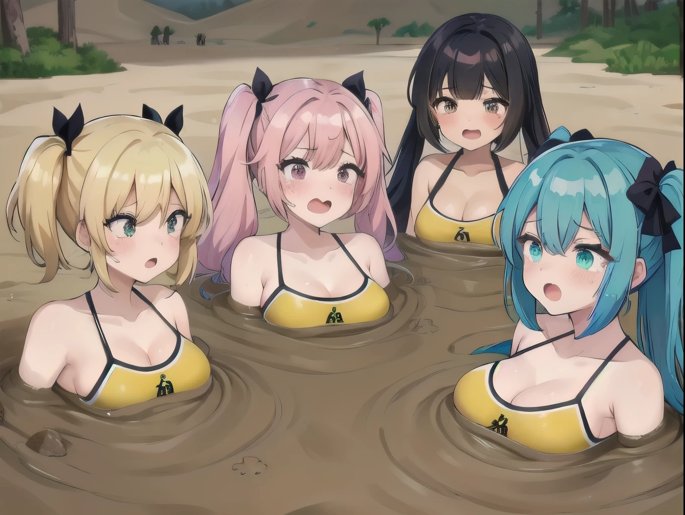 best quality, female, multiple girls, group submerged, standing, front view, muddy, large breasts, wasteland, desert, best quality, sinking, quicksand, 6girls, crowded, close up, sand, multiple girls, slender, blonde hair, black hair, blue hair, silver hair, red hair, pink hair, green hair, 6 girls, tears, blush, drowning, waist deep, wrapped by quicksand, 6 girls in quicksand, desertscape, 6girls together, scream, screaming, struggling, drowning, 6 girls drowning, 6 girls wrapped by quicksand, eye glasses, brown skin, twin tails, bow shaped hair, cheerleader, cleavage