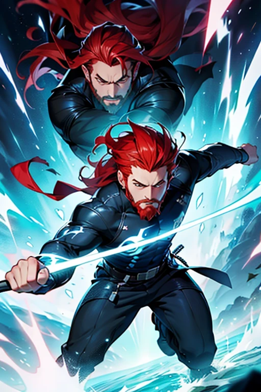 Guy with long, red hair and a beard using blast magic, manga page with panels and dialogue 