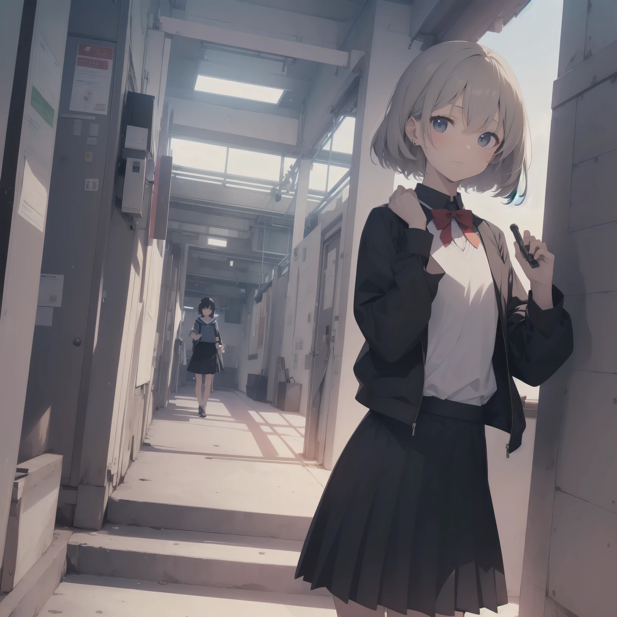 ultra-absurdres-Top quality by artist God, ultra-detailed, high resolution, anime moe artstyle, best anime 8k konachan wallpaper, pixiv contest winner, pool:2810, perfect anatomy,break, 1girl, (Please draw a girl walking sleepily to school alone. )break,(Solo,little female, 13-year-old:1.3),Full limbs, complete fingers,a junior high school student, (very short hair), short cut, flat chest, , small butt, small black eyes, beautiful detailed eyes, well-proportioned iris and pupils, expressive eyes, highres detailed hair, soft expression, salor school_uniform, sailor collar, serahuku, bow, pleated skirt,(Detailed Lighting), (Detailed background), in the School commute route. break,super detailed skin, Best cinematic lighting powered by famous artist, 8k,beauty illustration,photoshop_(medium),very aesthetic,break,((artist:yukie_(kusaka_shi) )), artist:clamp ,artist:carnelian ,artist:kantoku ,