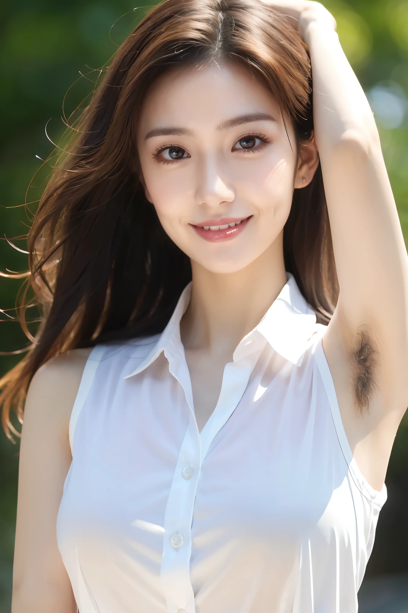 (Tabletop、highest quality、8k、Award-winning works、Ultra-high resolution)、One beautiful woman、(Sleeveless white polyester button-up collared blouse:1.4)、(Close-up of face:1.7)、Exactly、(Bare arms:1.2)、(Show armpit hair:1.1)、(Long, bristly armpit hair:1.5)、(very bright and vivid:1.1)、(Very bright and beautiful skin:1.1)、(Voluptuous body:1.1)、(Very large breasts:1.2)、(Accentuate your body lines:1.1)、wood々Beautiful sunlight shining through the gaps、Spectacular Cinema Lighting、(Strongly blurred background of a large park:1.1)、(Accurate anatomy:1.1)、Ultra HD Hair、Ultra-high resolutionの完璧な美しい歯、Ultra-high definition beauty face、Ultra HD Hair、Ultra-high definition sparkling eyes、輝くUltra-high resolutionの美肌、Ultra-high resolutionの艶やかな唇、Spectacular Cinema Lighting、The most romantic、Most displeased、Romantic affection