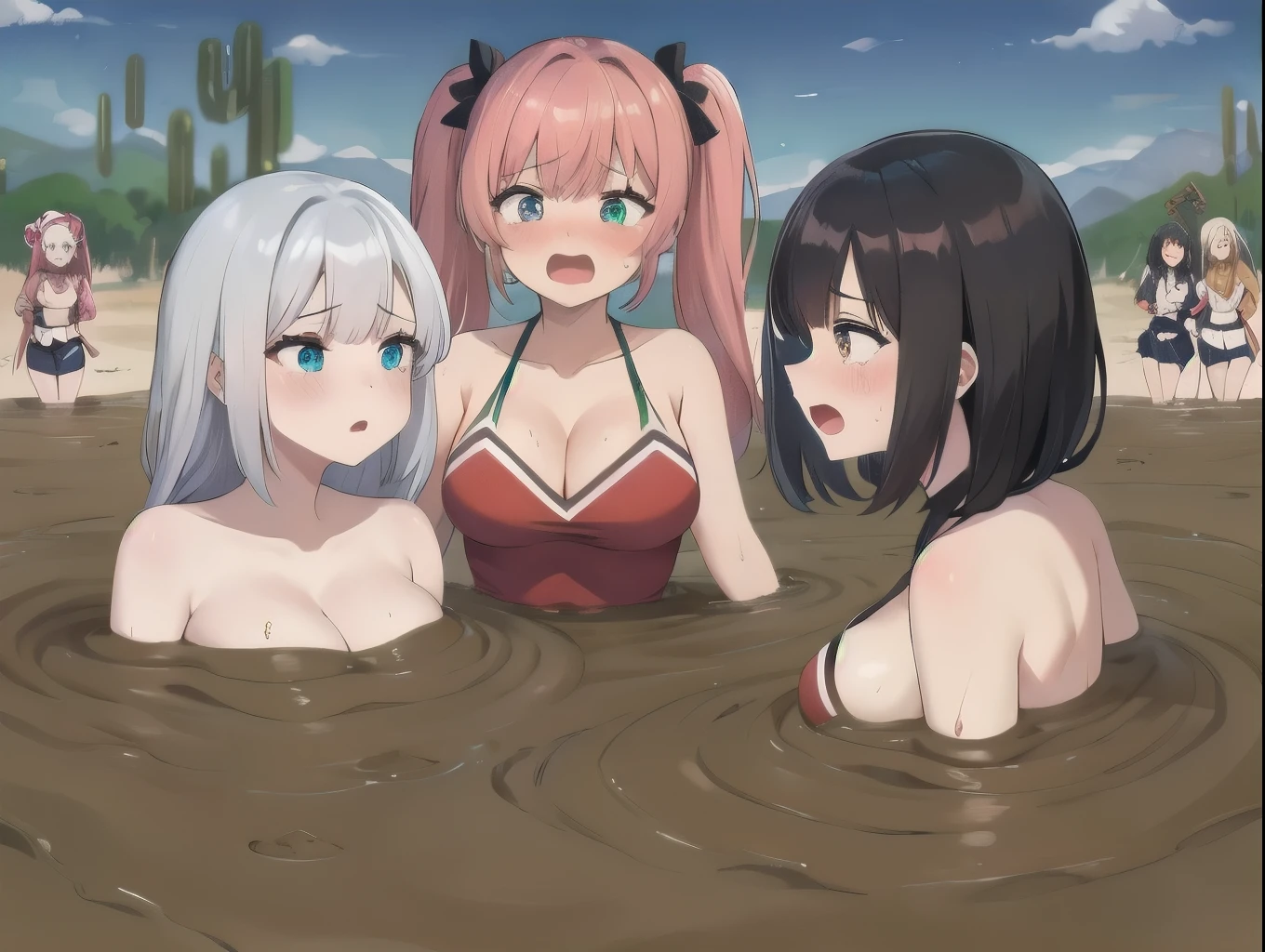 best quality, female, multiple girls, group submerged, standing, front view, muddy, large breasts, wasteland, desert, best quality, sinking, quicksand, 6girls, crowded, close up, sand, multiple girls, slender, blonde hair, black hair, blue hair, silver hair, red hair, pink hair, green hair, 6 girls, tears, blush, drowning, waist deep, wrapped by quicksand, 6 girls in quicksand, desertscape, 6girls together, scream, screaming, struggling, drowning, 6 girls drowning, 6 girls wrapped by quicksand, eye glasses, brown skin, twin tails, bow shaped hair, cheerleader, cleavage
