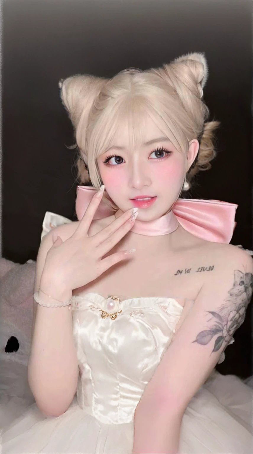 there is a woman with a pink bow on her head, fille animée dans la vraie vie, anime fille cosplay, pale milky white porcelain skin, belle delphine, pale peau blanche en porcelaine, coiffure coupe hime blanche, inspired by cartoons, anime cosplay, peau blanche en porcelaine, shikami, fille douce lapin ultraréaliste, tendance à cgstation, pale snow white skin, animated barbie doll